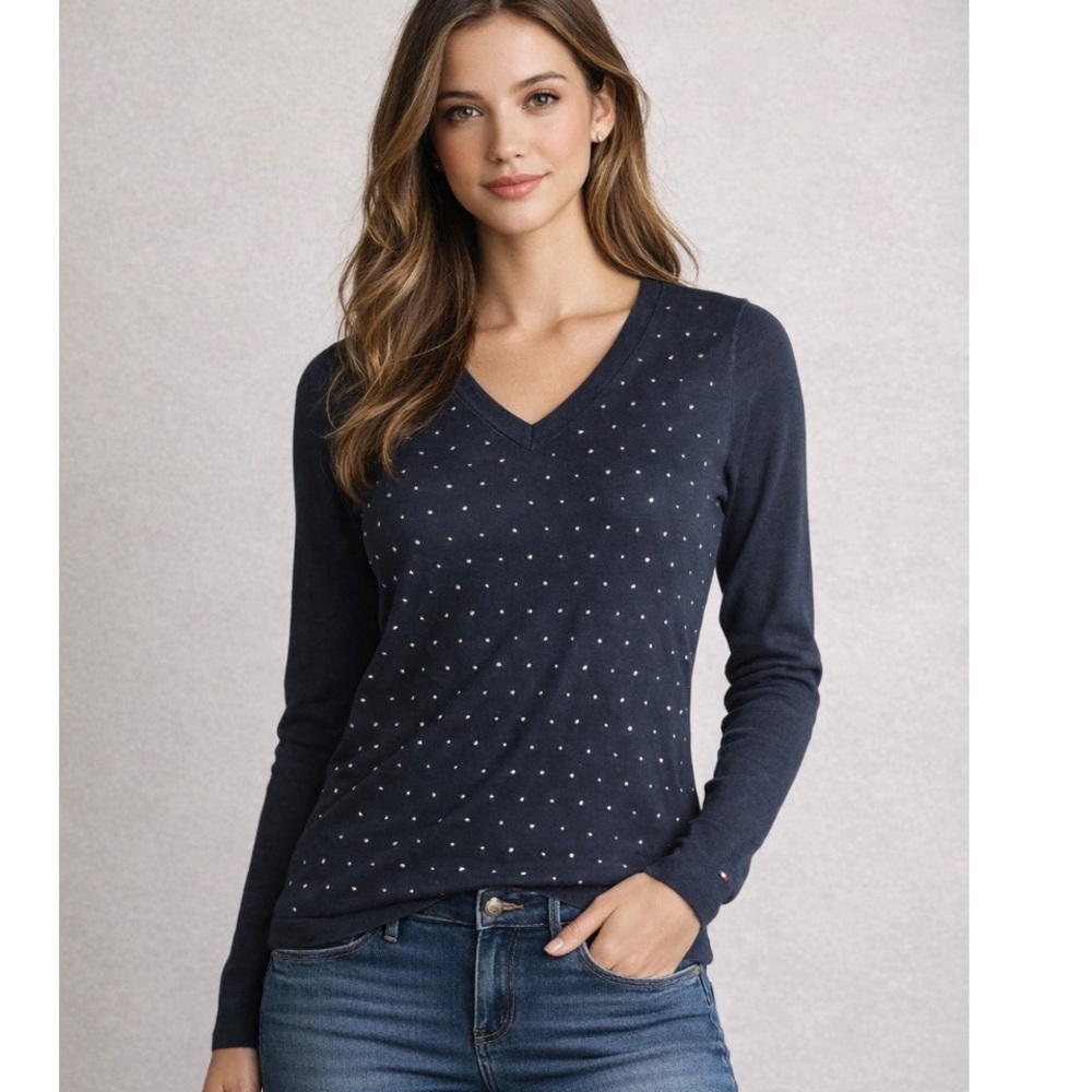 TOMMY HILFIGER Navy Blue V Neck Gold Studded Sweater XL